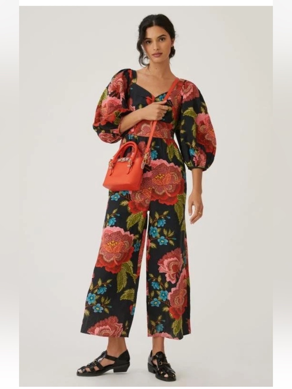 FARM Rio Anthropologie Floral Fauna Linen Blend Balloon Sleeve Jumpsuit - M